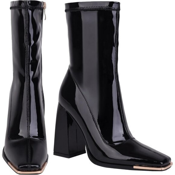 Women's Black Mid Calf Comfy Square Closed Toe Heel Zipper Short Ankle Boots - Picture 6 of 8